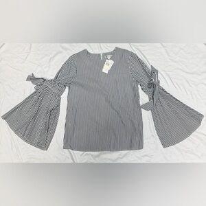 Neiman Marcus NWT Striped Bell-Sleeve Blouse with Tie Cuffs - Navy/White